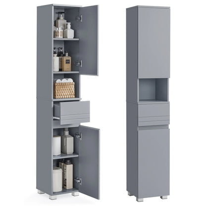 VASAGLE Tall Bathroom Cabinet, Slim Storage Cabinet, Narrow Cupboard, Grey