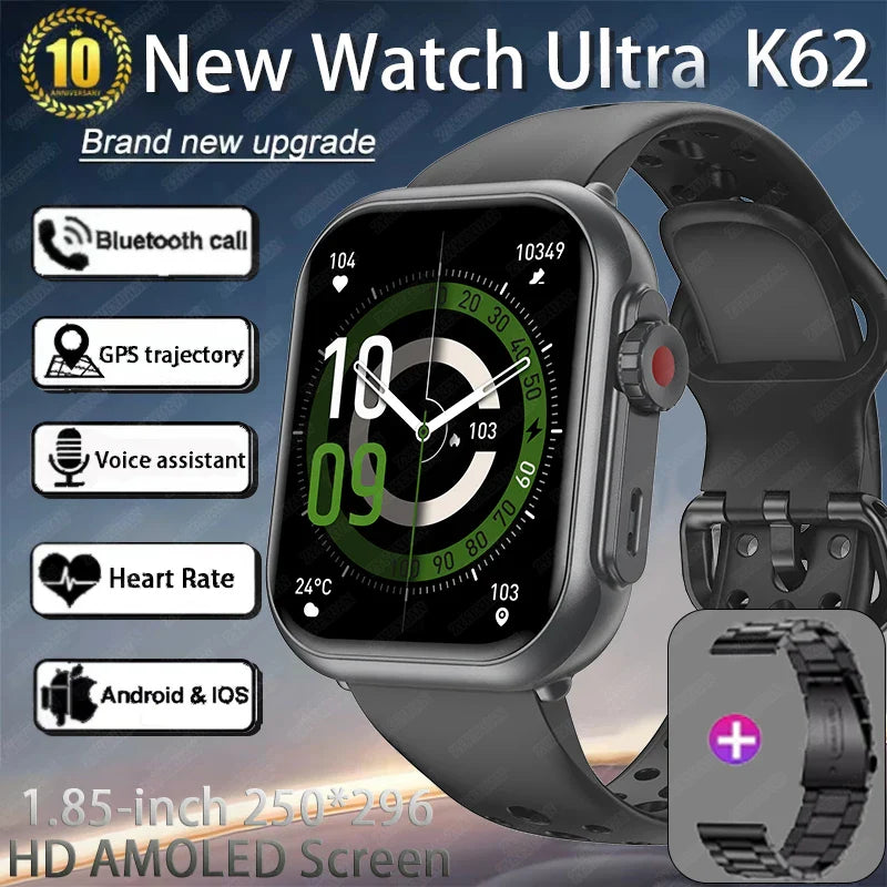 Watch Ultra K62 Men Women 1000mAh AMOLED 100+Sport Heart Rate HD Bluetooth Call GPS Track Waterproof Smart Watch For iOS Android