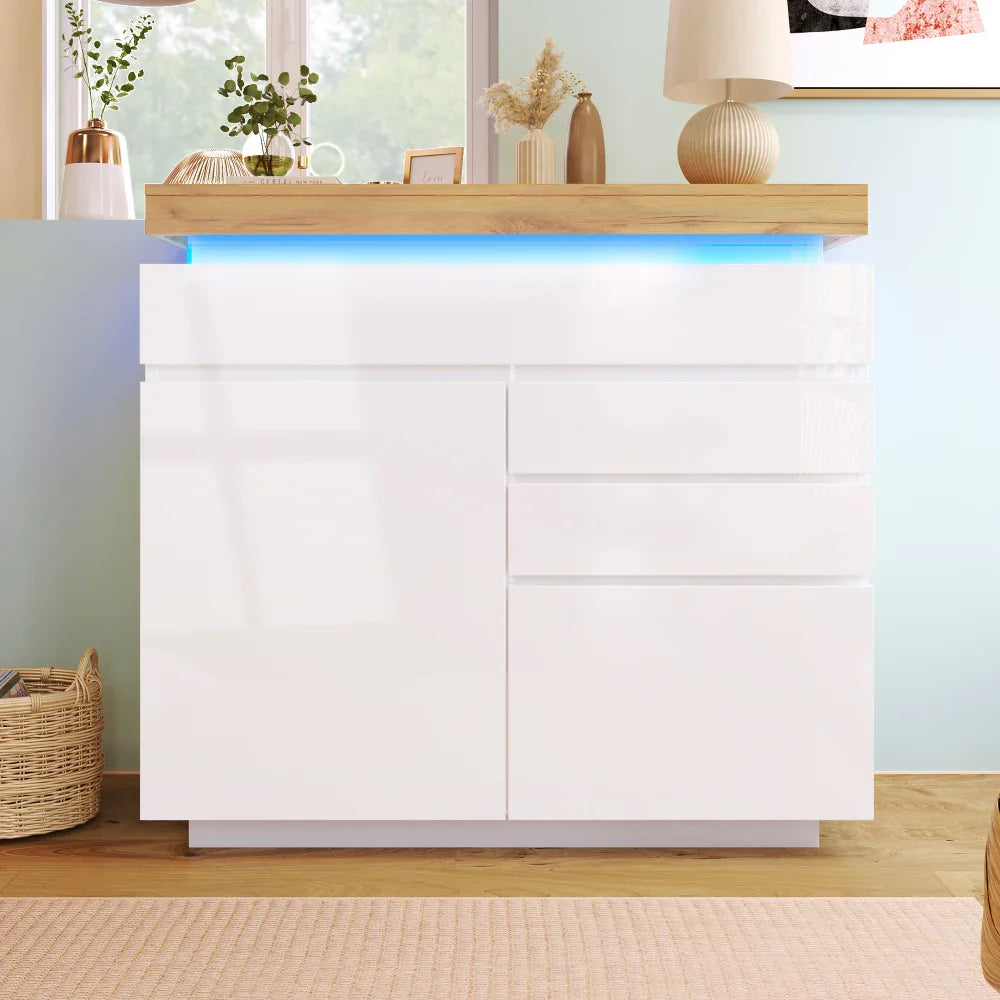 PINGGO Chest of Drawers,High-gloss Sideboard Cabinet with 2 Doors and 3 Drawers,Storage with RGB LED,115 x 110 x 39 cm, White