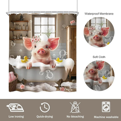 Funny Pig Shower Curtain Farmhouse Rustic Farm Animal in Bathtub Cute Western Country Shower Curtain Bathroom Set Pink Floral
