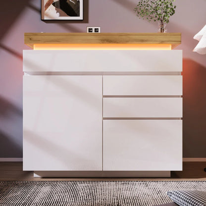 PINGGO Chest of Drawers,High-gloss Sideboard Cabinet with 2 Doors and 3 Drawers,Storage with RGB LED,115 x 110 x 39 cm, White