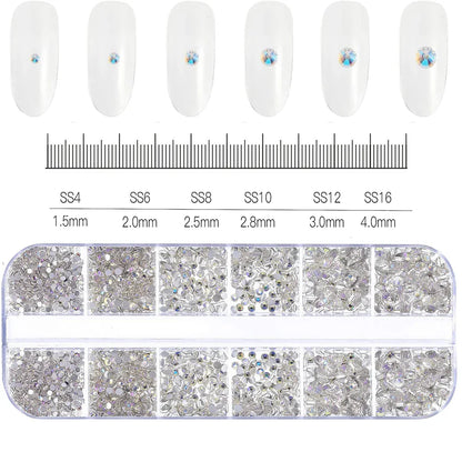 2400pcs+ Shiny Clear Crystal Gems Nail Rhinestones 1.5-4mm Mixed Round Glass Stone Flatback Nail Charms 12grids Nail Diamond DIY