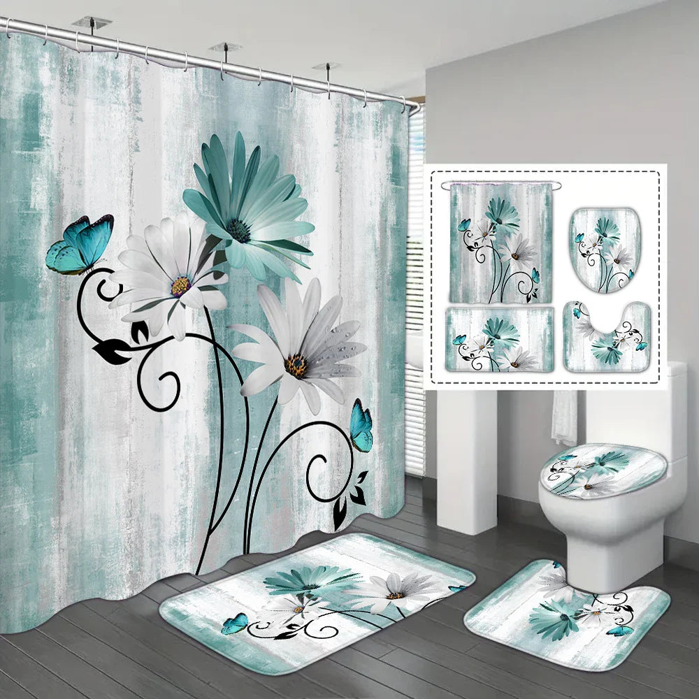4-piece set of blue white jade orchid waterproof printed shower curtains with 12 hooks, bathroom floor mats