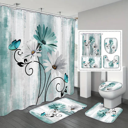 4-piece set of blue white jade orchid waterproof printed shower curtains with 12 hooks, bathroom floor mats
