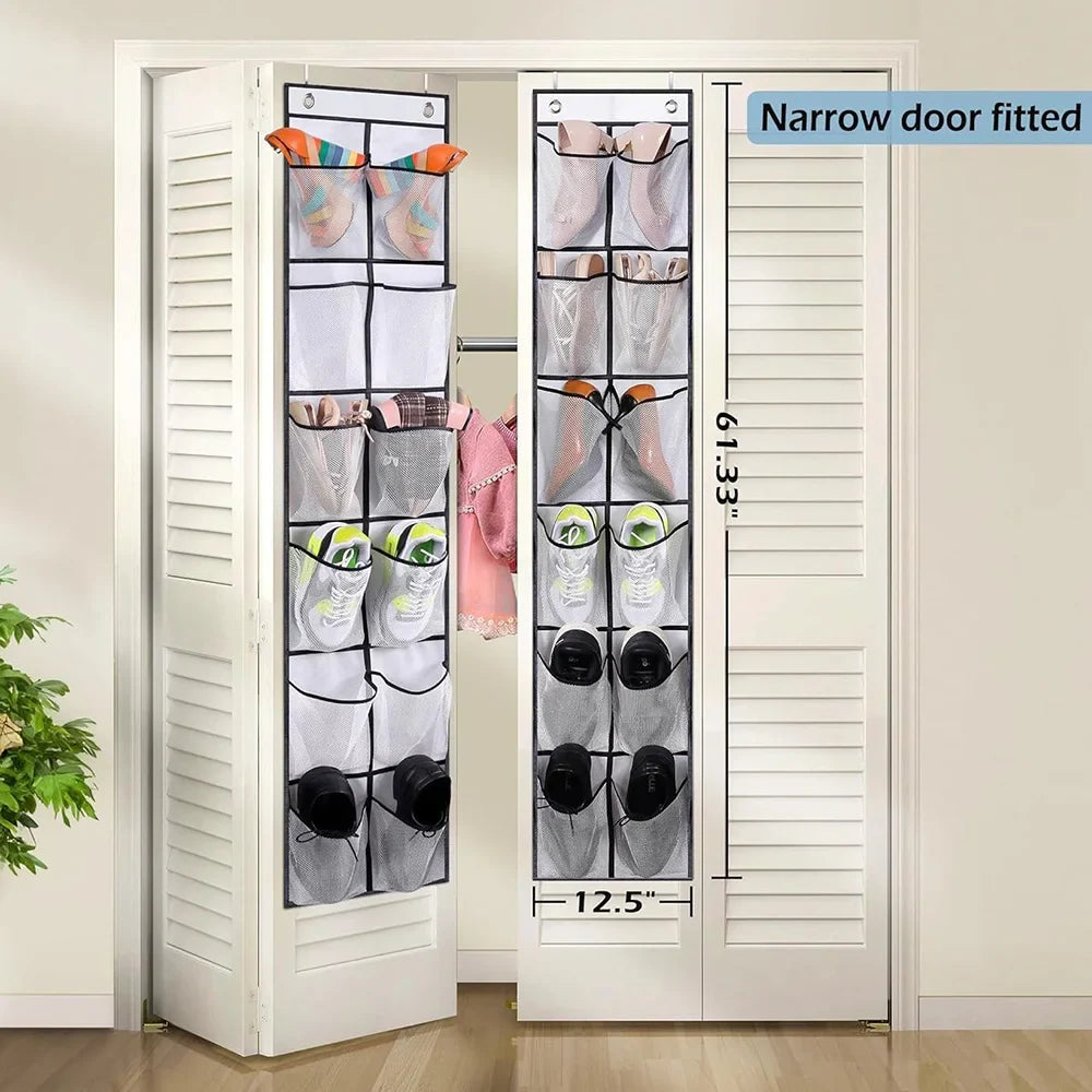 12 Pockets Over the Door Shoe Organizer Large Mesh Pockets With 2 Hooks Transparent Fabric Shoe Rack Storage Bag For Bedroom