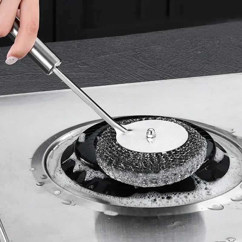 Stainless Steel Wire Brush with Long Handles Kitchen Replacement Steel Wool Wire Ball Dishwashing Brush Sink Countertop Cleaning