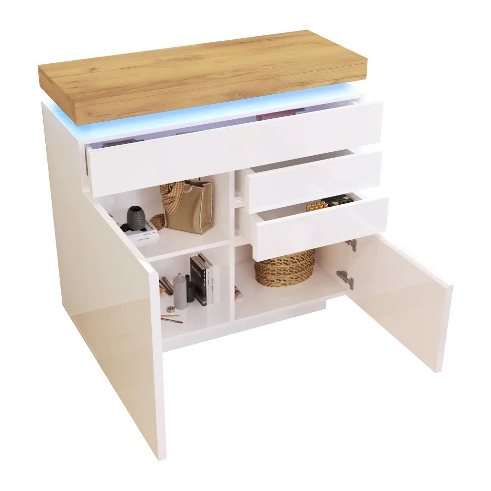 PINGGO Chest of Drawers,High-gloss Sideboard Cabinet with 2 Doors and 3 Drawers,Storage with RGB LED,115 x 110 x 39 cm, White