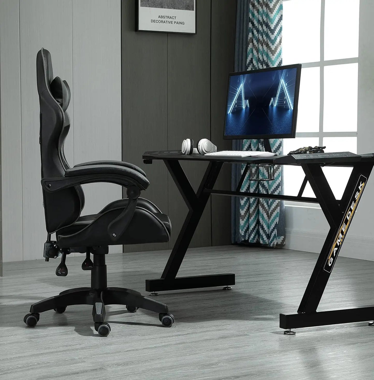 mcc direct Swivel Faux Leather Office Chair Racing Sports Gaming Tilt Computer Desk Chair with Headrest & Lumbar Cushion A
