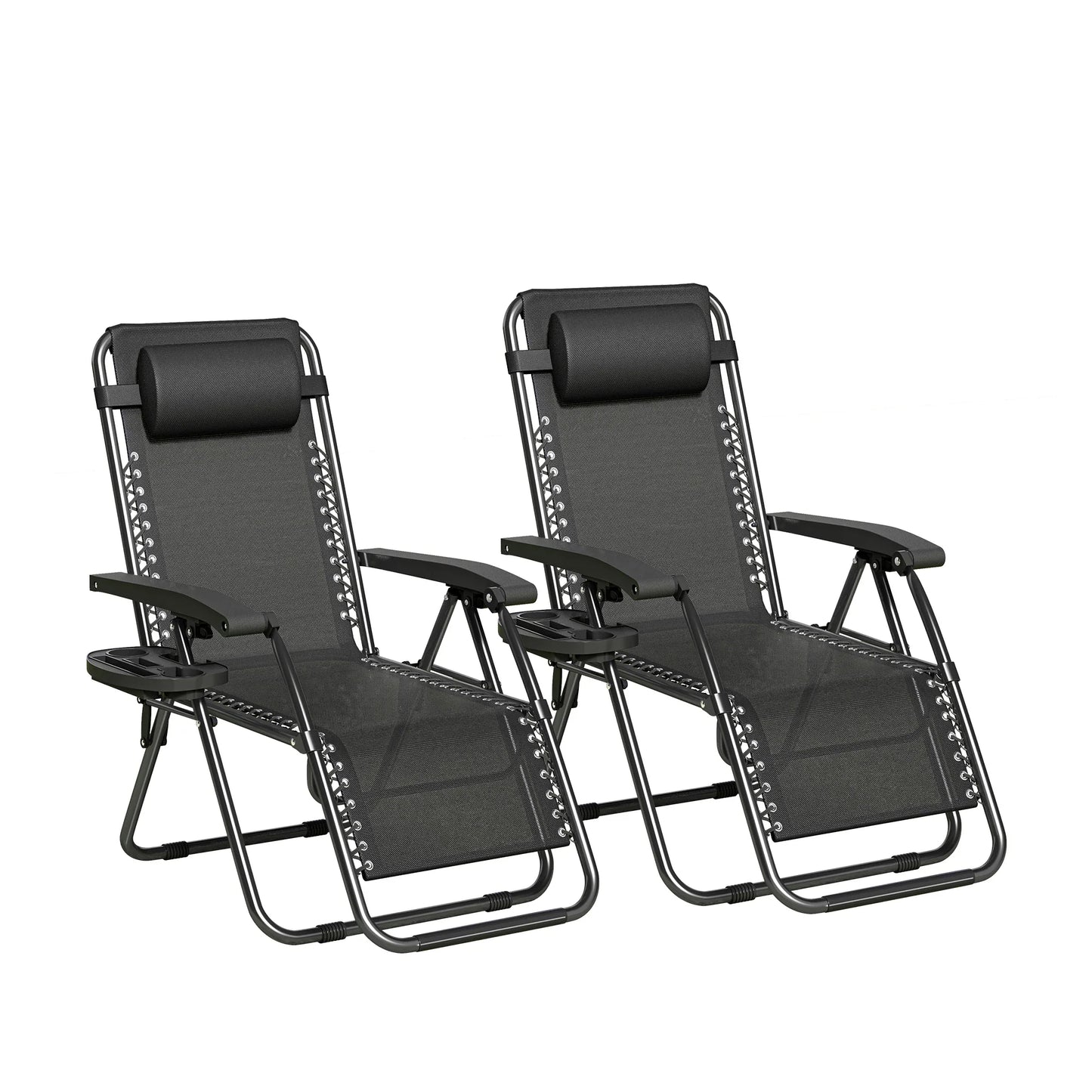 Zero Gravity Reclining Chair Set of 2 – Folding Outdoor & Garden Chairs with Textilene Fabric, Cup Holder and Headrest Pillow