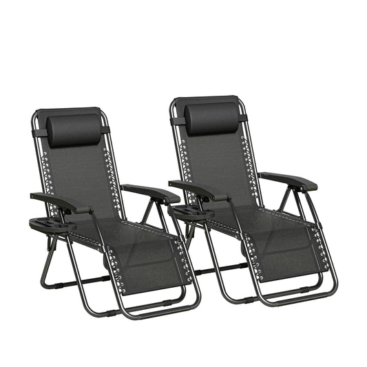 Zero Gravity Reclining Chair Set of 2 – Folding Outdoor & Garden Chairs with Textilene Fabric, Cup Holder and Headrest Pillow