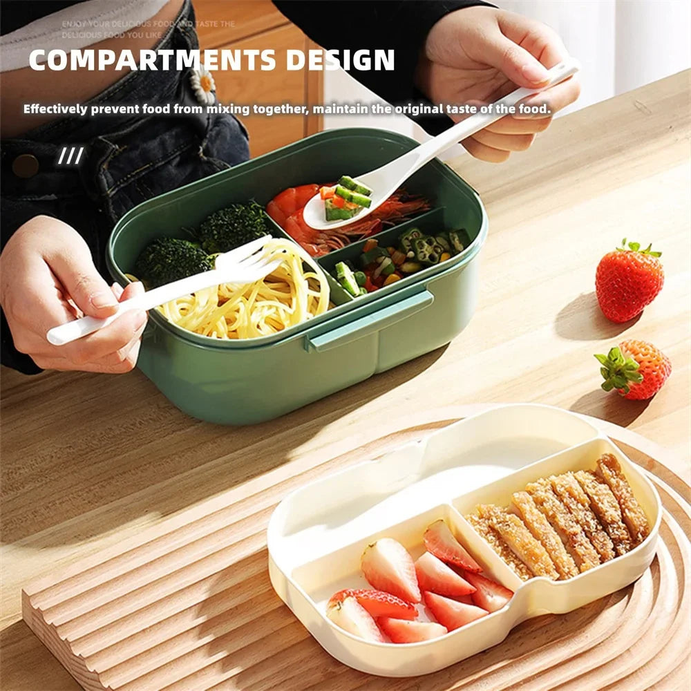 1pack 1200ML 2 Layer Bento Lunch Box With Spoon Fork, Kid High Capacity Food Containers Portable Leakproof Office Camping