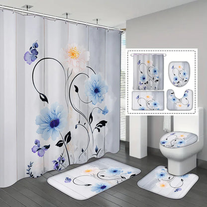 4-piece set of blue white jade orchid waterproof printed shower curtains with 12 hooks, bathroom floor mats