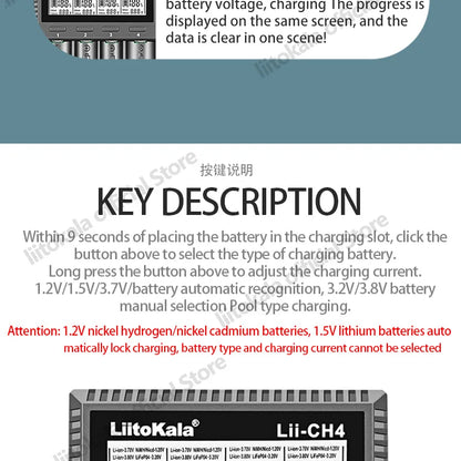 LiitoKala Lii-CH4 Smart Charger for 18650/21700/26650/AA/AAA/Ni-MH/Li-ion,1.2V/1.5V 4-Slot Fast Charge, USB-C, Auto Detect