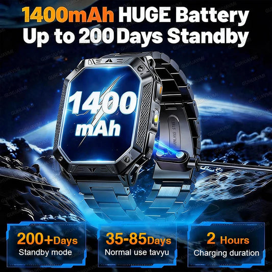 2026 New Built-in 1400mAh Super Large Battery Men Smart Watch Outdoor GPS 2.01"AMOLED Screen 10ATM Waterproof BT Call Smartwatch