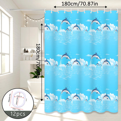 Dolphin Print Cartoon Shower Curtain, Ocean-Themed Bathroom Curtain, Cute Bathroom Curtain for Parent-Child Room