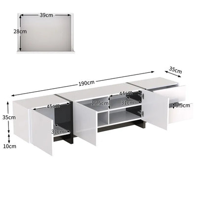 190x45x35cm High-Gloss White & Black TV Stand, Low Cabinet with Doors (Built-in Shelves) & Drawers, Contrast Black Legs Minimali
