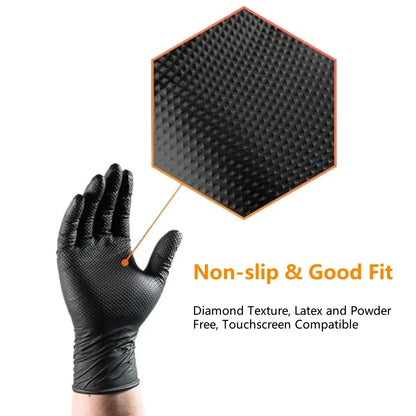 Industrial Black Nitrile Gloves 8mil Heavy Duty Disposable Gloves with Diamond Textured Latex Free Mechanic Tattoo Auto Gloves