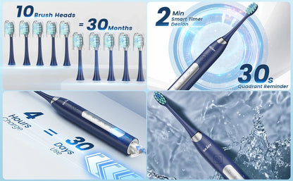 Sejoy Electric Sonic Toothbrush with 10 pcs Replacement Heads Rechargeable Waterproof Tooth Brushes for Home Travel