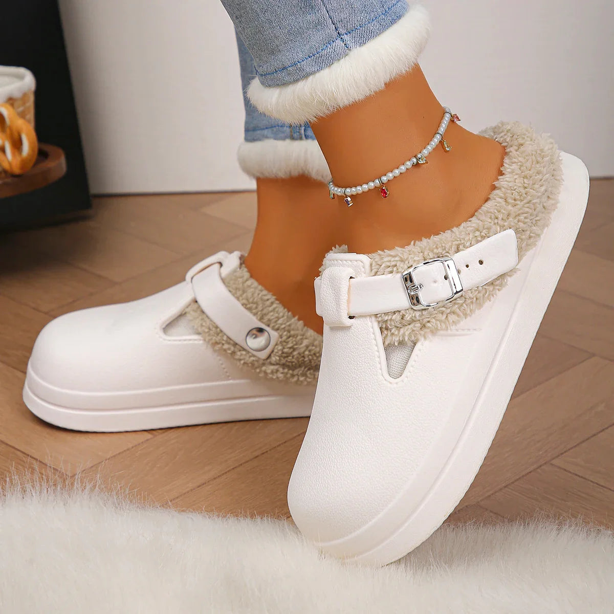 Waterproof Eva Furry Mules Slippers Women 2025 Winter Metal Buckle Warm Plush Slippers Soft Thick Bottom Non Slip Indoor Slides