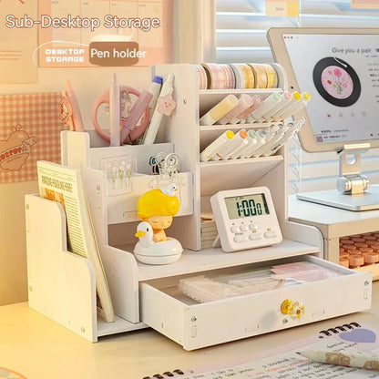 Mark Pen Pencil Holder Wooden Desk Organizers Shelves Accessories Desktop Stationery Organizer Bookshelf Home Office Storage Box