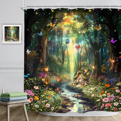 Fantasy Shower Curtain Fairy Beautiful Wonderland Woodland Tree Wildflower Floral Garden Butterfly Plant Tale Nature Bathroom
