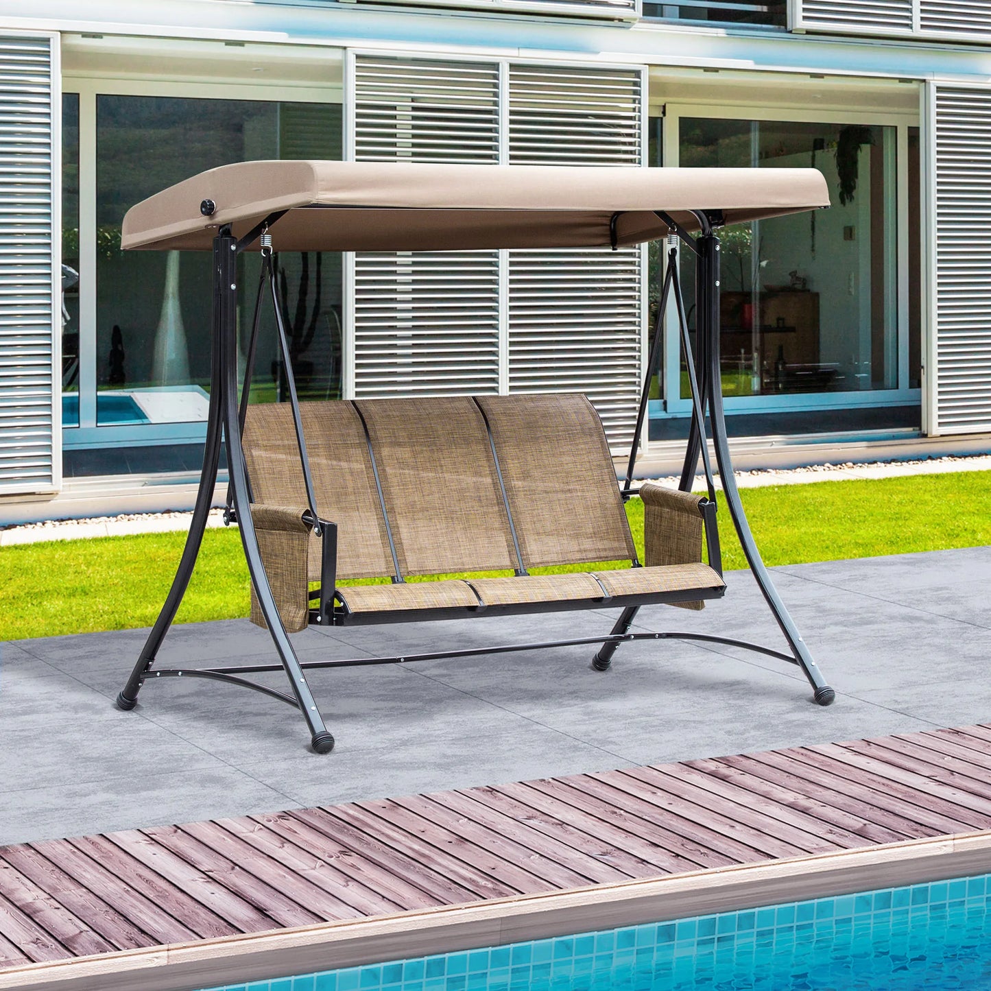Outsunny 3 Seater Garden Swing Seat Outdoor Swing Chair with High Back Design, Steel Frame, Side Pouches, Adjustable Canopy