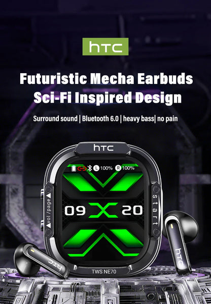 HTC NE70 Bluetooth V6.0 Headphones Smart Touchscreen Wireless Earphones AI Translator Earbuds Gaming Earbuds HD Bass