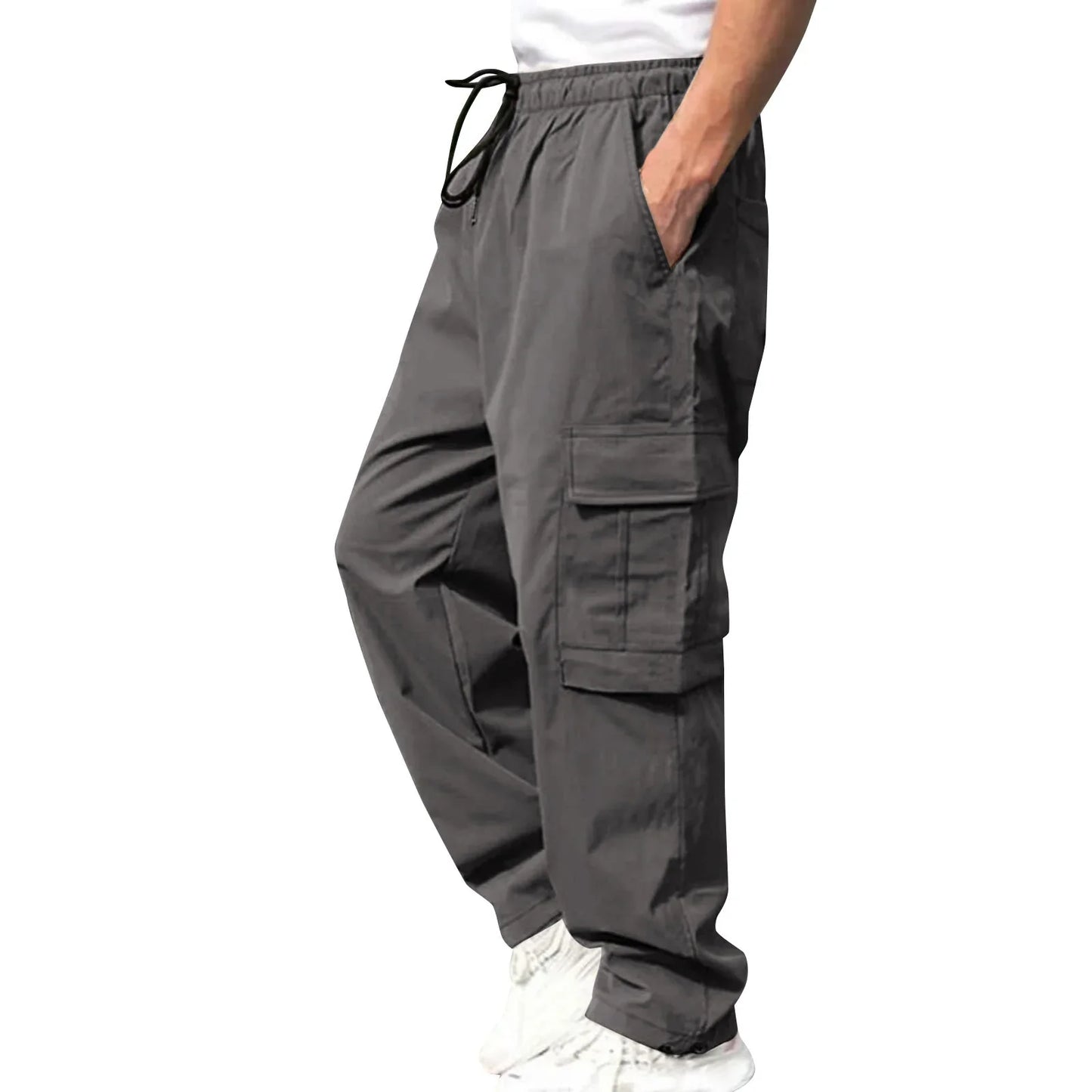 Men Loose Cargo Pants Summer Male High Elastic Waist Zip Pocket Straight Full Trousers BFDZ-A717