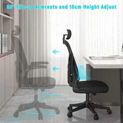 Office Desk Chair with FlipUp Armrest High Back Ergonomic Computer Chair with Adjustable Headrest and Lumbar Support Executive
