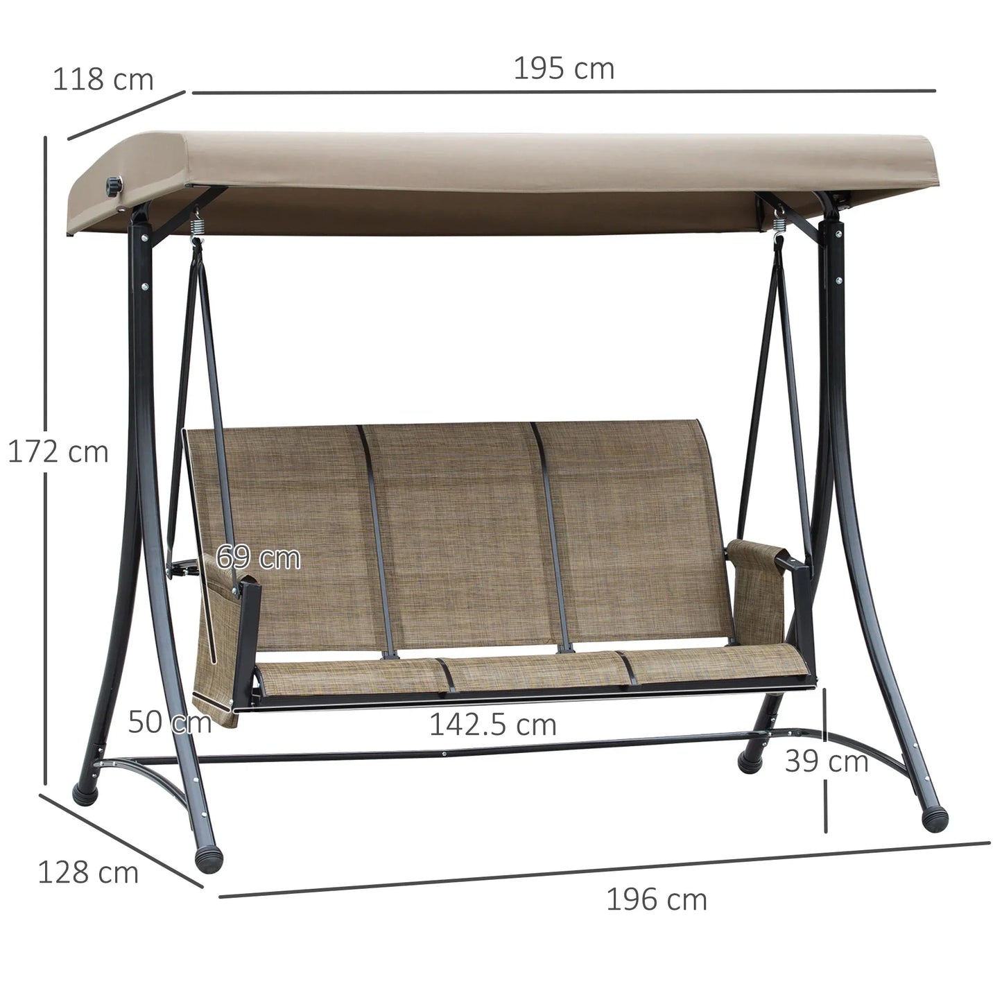 Outsunny 3 Seater Garden Swing Seat Outdoor Swing Chair with High Back Design, Steel Frame, Side Pouches, Adjustable Canopy
