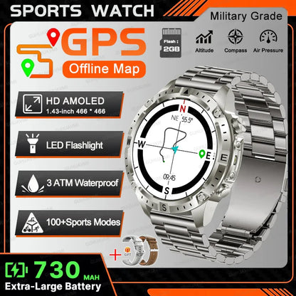 New TANK Military GPS Offline Map Smart Watch 730mAh 3 ATM Waterproof Sports Compass Heart Rate 2GB HD Bluetooth Call SmartWatch