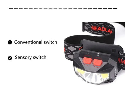 1-3PCS Rechargeable LED Headlamp Sensor Headlight With COB and LED Beads 8 Lighting Modes White and Red Light Fishing Light