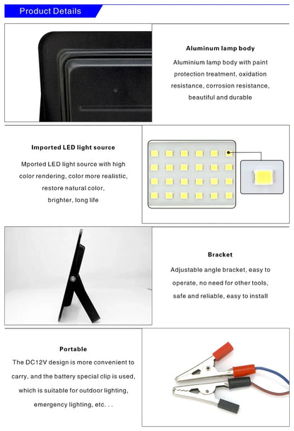 DC12V Led Flood Light 20W 30W 50W 100W Outdoor Floodlight Spotlight IP66 Waterproof Light Reflector Portable 12 Volt Led Lights
