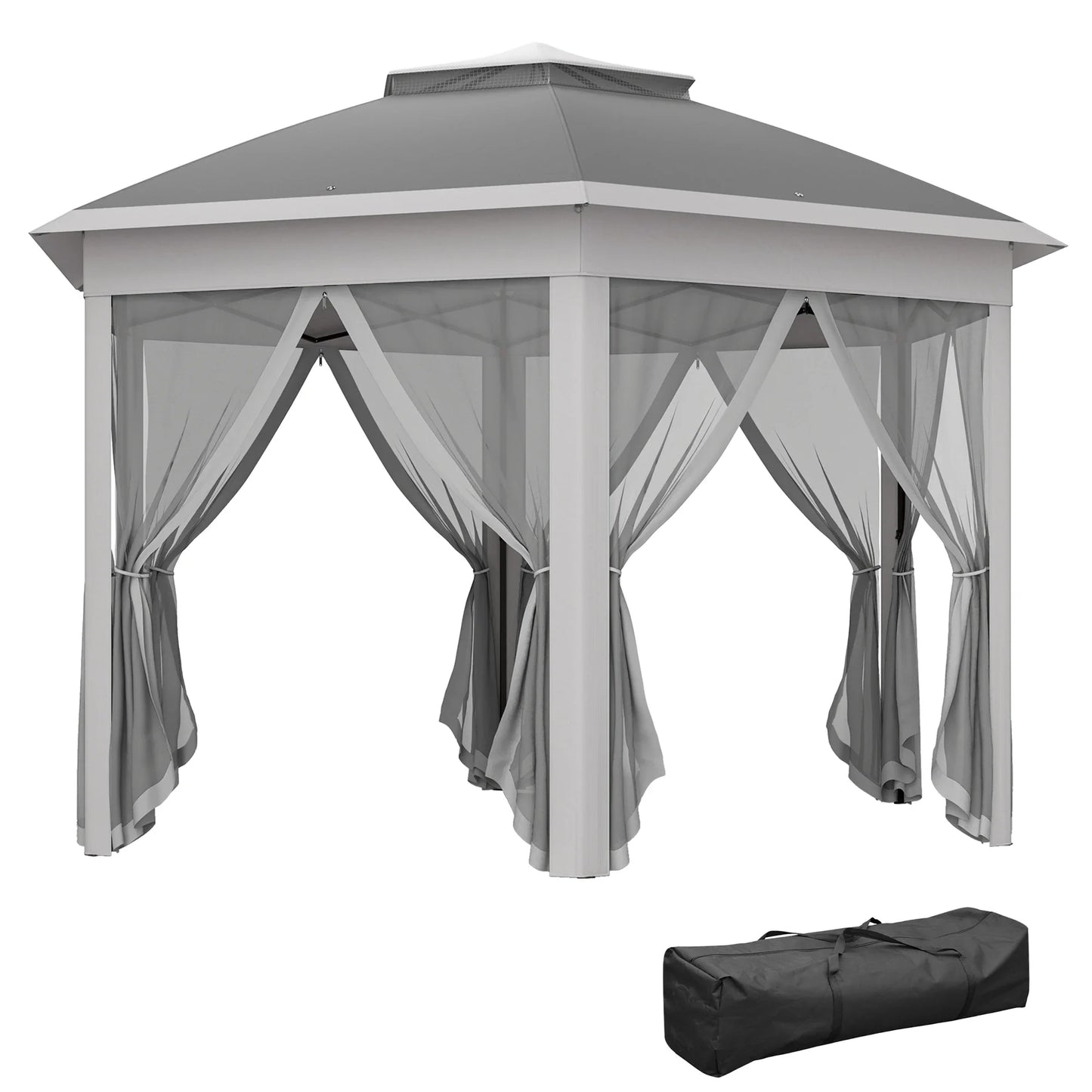 Outsunny 3 x 4m Garden Gazebo Hexagon Pop Up Party Tent Canopy Double Roof Instant Shelter with Netting and Carry Bag，Dark Grey