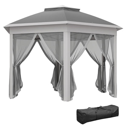 Outsunny 3 x 4m Garden Gazebo Hexagon Pop Up Party Tent Canopy Double Roof Instant Shelter with Netting and Carry Bag，Dark Grey