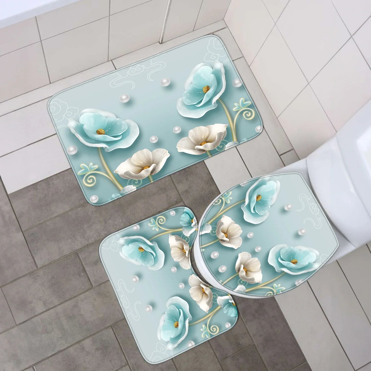 4-piece set of blue white jade orchid waterproof printed shower curtains with 12 hooks, bathroom floor mats