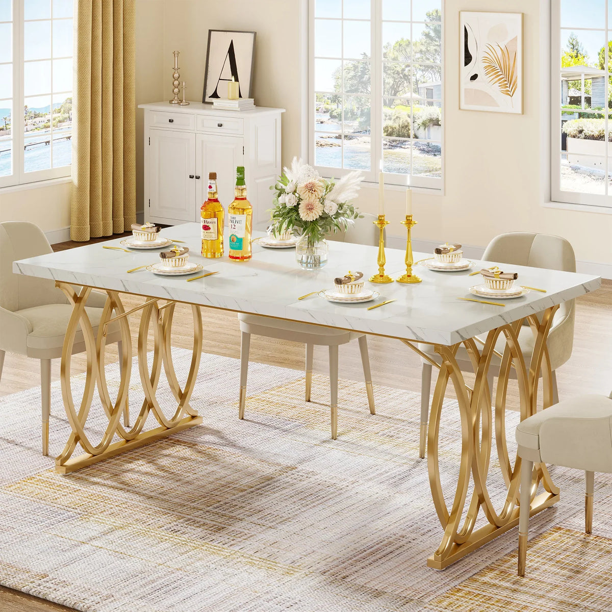 Tribesigns 63-Inch Rectangular Dining Table for 4 to 6, Modern Kitchen Table with Faux Marble Table Top, White Dinner Tables