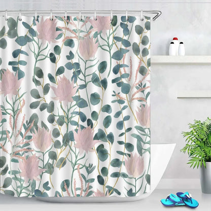 Pink Tulip Bathroom Curtain Flower Plant Shower Curtain Bathroom Polyester Waterproof Decorative Curtain with Hooks