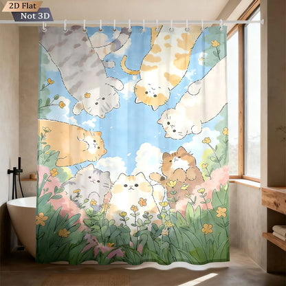 1pc Cute Cartoon Cat Printed Waterproof Shower Curtain Partition Privacy Hanging Curtain with 12 Hooks Multiple Sizes
