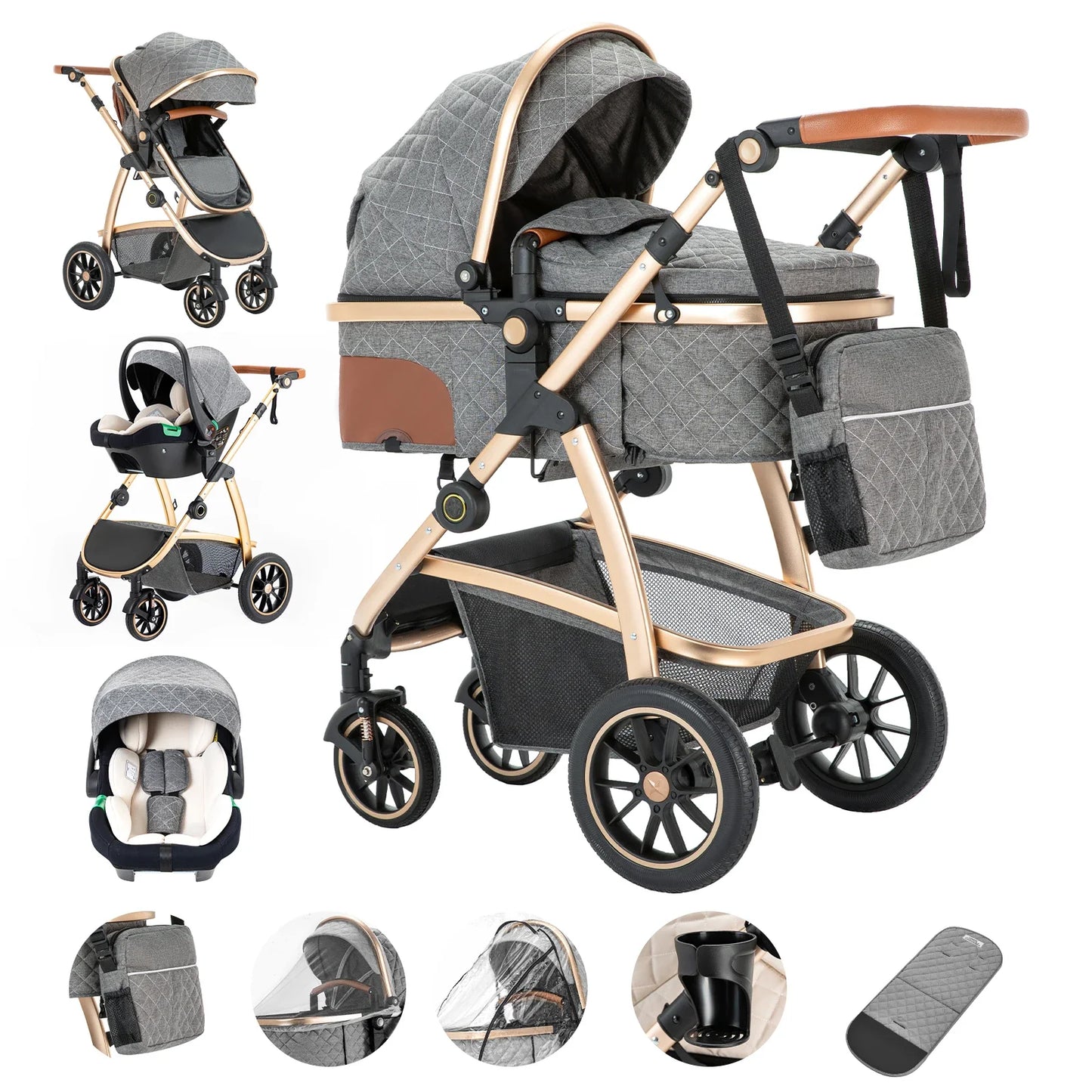 3 in 1 Prams Travel System, Pushchair with Height Adjustable Handle, Travel Pram with Mosquito Net, Baby Stroller with Aluminum