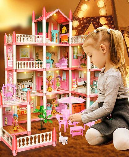 Girls Toddler Doll House - Large Doll House with 4 Dolls, Furniture, Accessories, LED Lights, 4 Stories Princess Dream House Toy