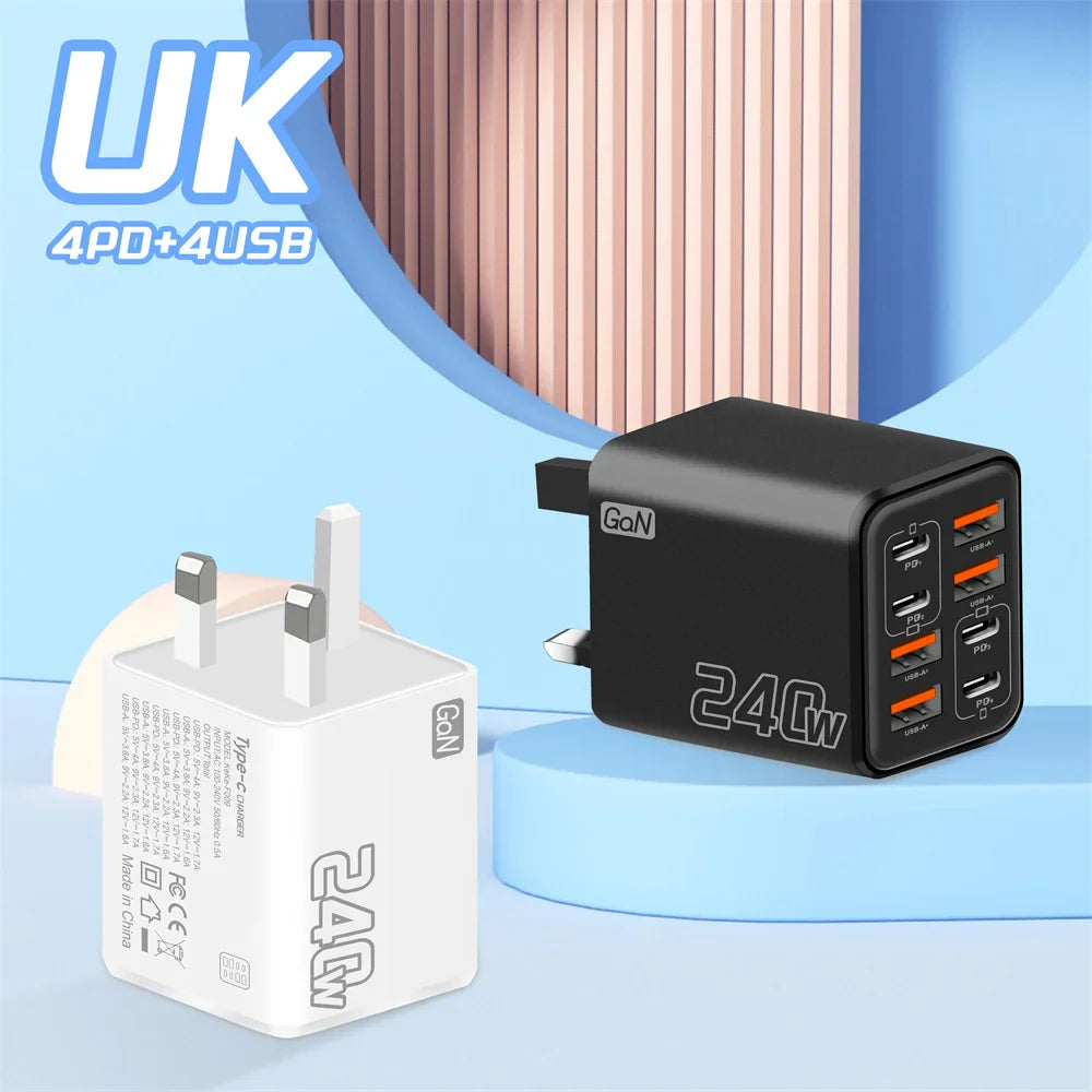 240W 8 in 1 USB C GaN Charger Fast Charging Phone Charger Power Adapter For iPhone Samsung Xiaomi EU/US/UK Plug Travel Charger