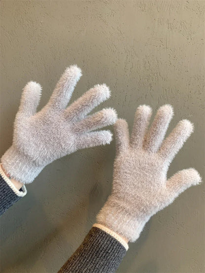 Fashion Winter Mink Velvet Five Finger Gloves Plush Warm Cold-proof Gloves Women Outdoors Cycling Solid Color Wistiti Mittens