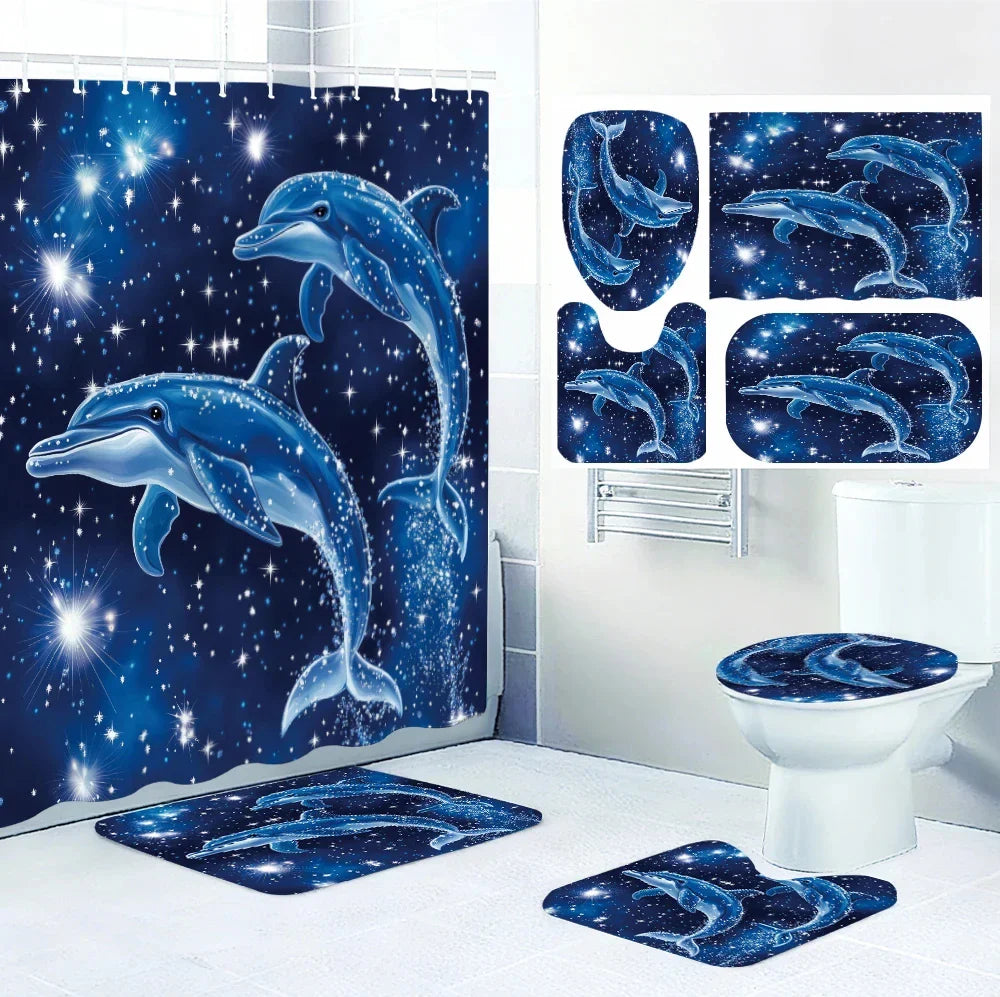 Dolphin Bathroom Four-piece Set - Avant-garde Waterproof Shower Curtain, creating a complete bathroom suite