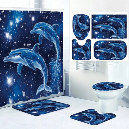 Dolphin Bathroom Four-piece Set - Avant-garde Waterproof Shower Curtain, creating a complete bathroom suite
