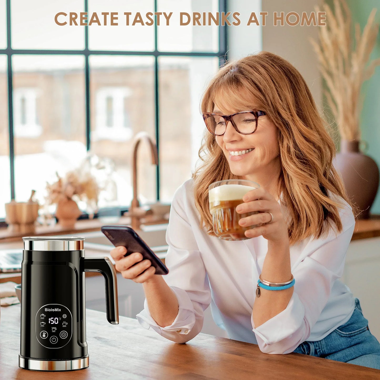 BioloMix 5-in-1 Milk Frother with Upgraded LED Display Touch Screen - Hot And Cold Foam Maker Milk Warmer for Coffee Latte