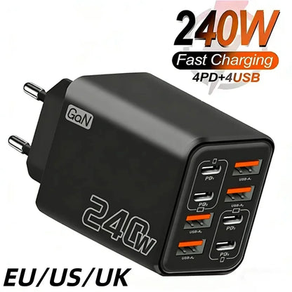 240W 8 in 1 USB C GaN Charger Fast Charging Phone Charger Power Adapter For iPhone Samsung Xiaomi EU/US/UK Plug Travel Charger
