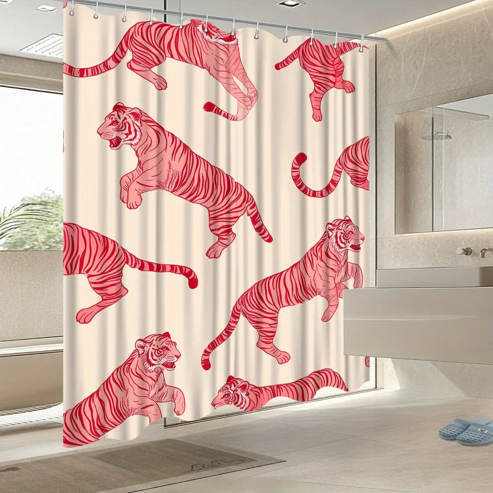 VIKAMA Fashion Pink Tiger Shower Curtain, Bathroom Waterproof and Mold-Resistant Curtain, Room Divider Curtain, Home Decoration