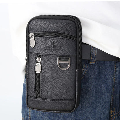 Men Waist Bag Mobile Phone Bag Outdoor PU Leather Wearable Belt Sports Waterproof Small Hanging Bag Business Leisure Coin Purse