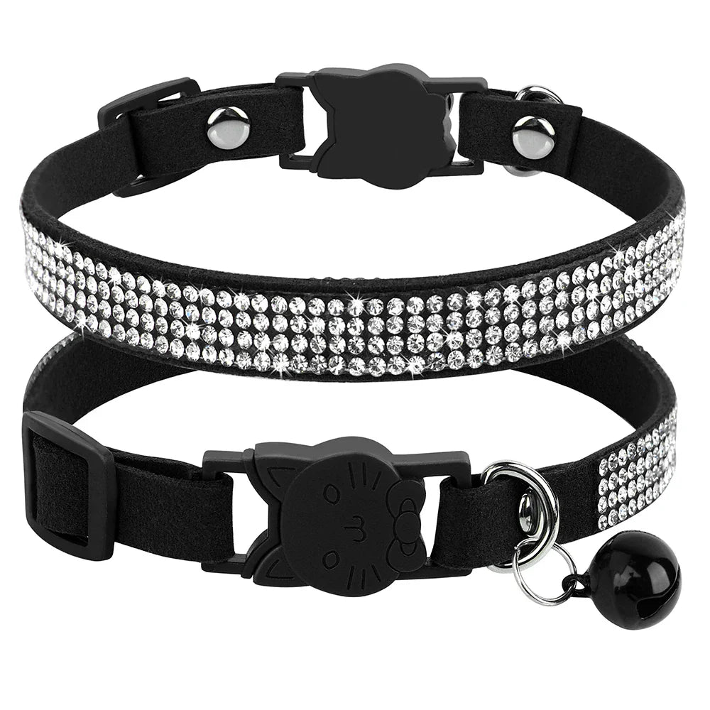 Soft Pink Suede Leather Cat Collar - Cute Bling Rhinestone Design, with Bell & Safety Breakaway Buckle, Adjustable XS/S Sizes